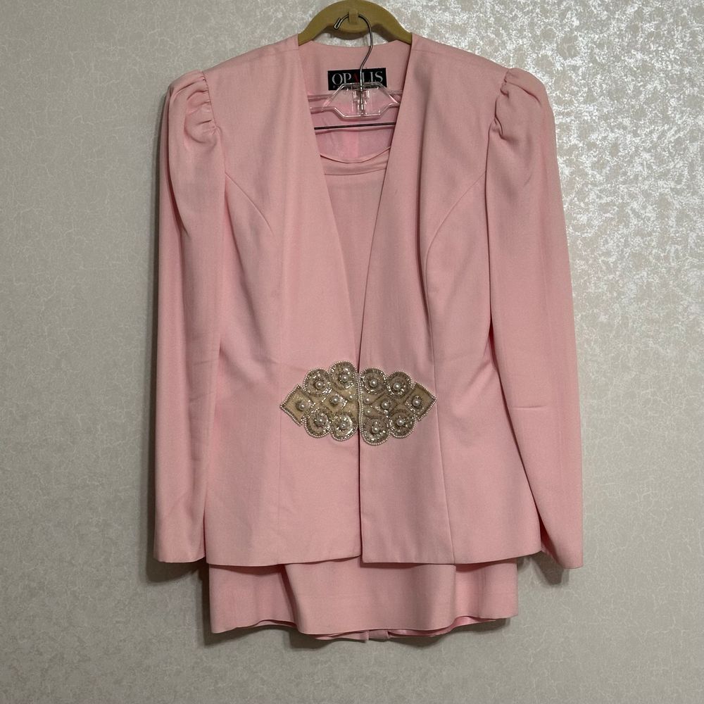 Opalis Frank Hahn VTG Pink 3pc Skirt Set Blazer Pearl Beaded‎ Clasp Camisole L